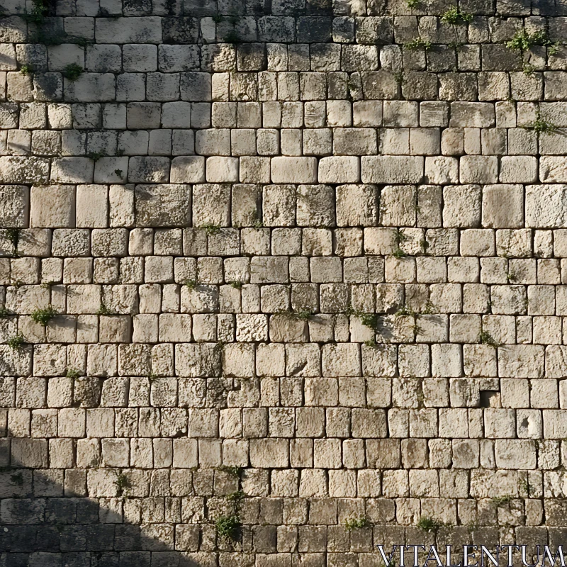 Historic Brick Wall with Moss and Shadows AI Image