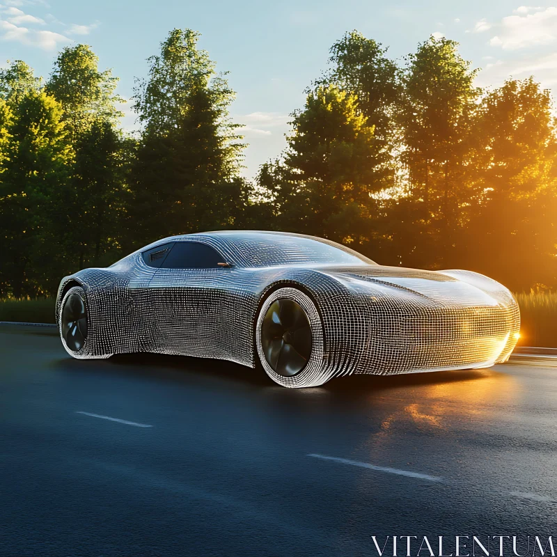 Innovative Car Design in a Forest Setting at Sunset AI Image