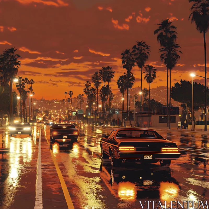 AI ART City Nightlife with Cars and Wet Streets