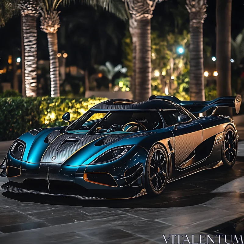 Sleek Sports Car Amidst Palm Trees at Night AI Image