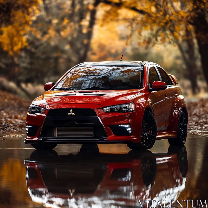 Autumn Scene with Red Sports Sedan AI Image