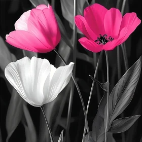 Vivid Pink and White Blossoms with Gray Leaves