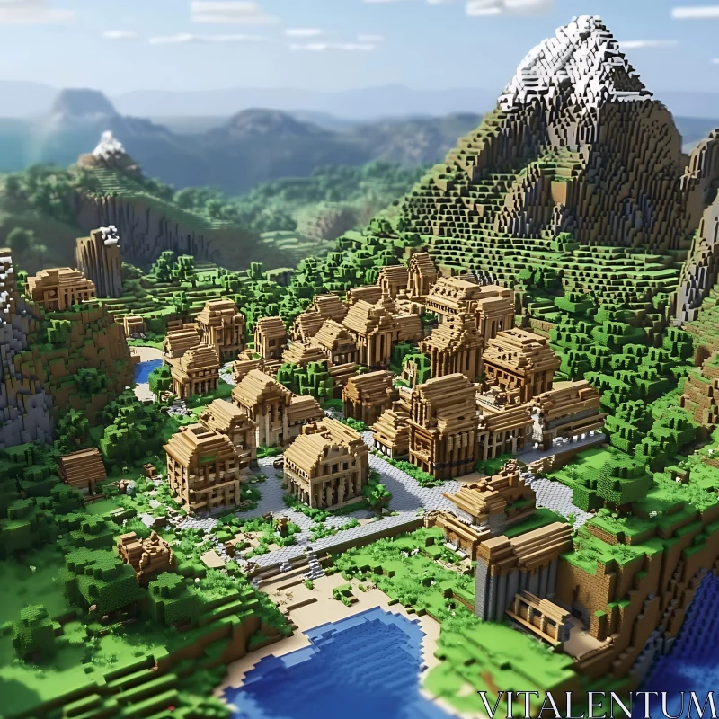 Blocky Minecraft Mountain Village AI Image