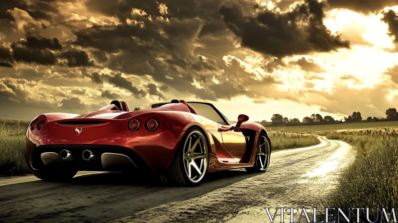 Luxurious Red Convertible with Golden Sky AI Image