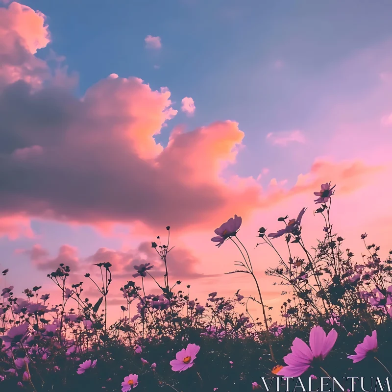 AI ART Romantic Flower Field Under a Vibrant Sunset