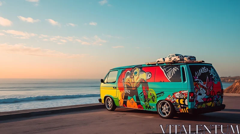 Colorful Van at Beachside Sunset AI Image