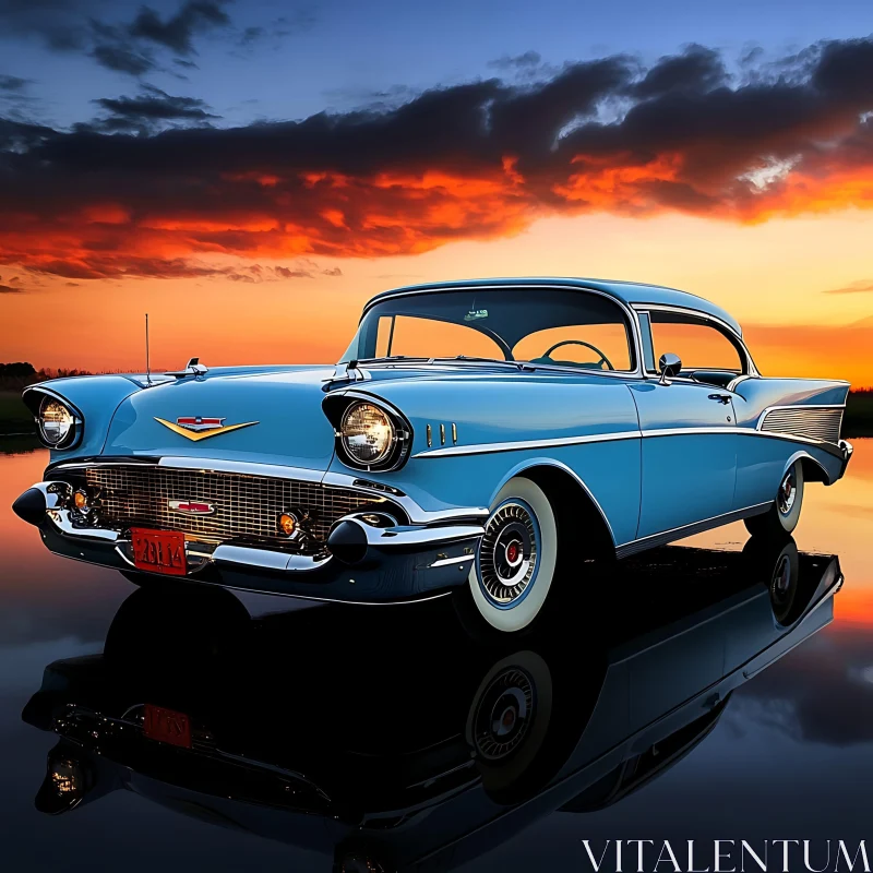 Classic Blue Car with Sunset Background AI Image