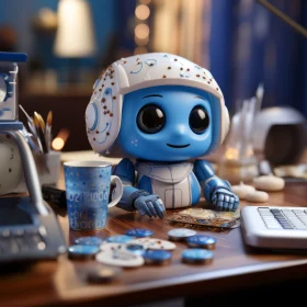 Adorable Robot Character at Desk with Coffee - Unreal Engine 5 Illustration