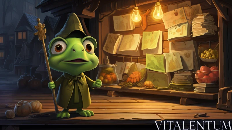 Charming Cartoon Frog by the Book & Candle Store - Character Art AI Image