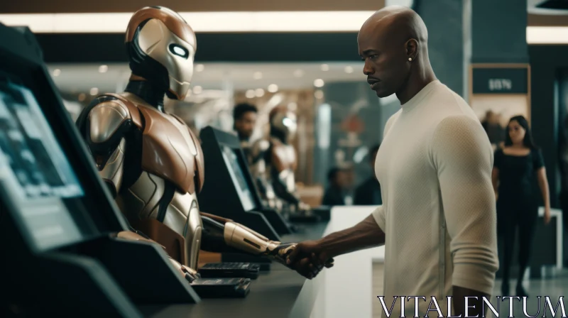 Man and Robot Handshake: A Marvel-style Afrofuturistic Scene AI Image