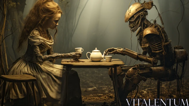 Tea Party with a Twist: Man, Woman and Robot in Enigmatic Forest AI Image