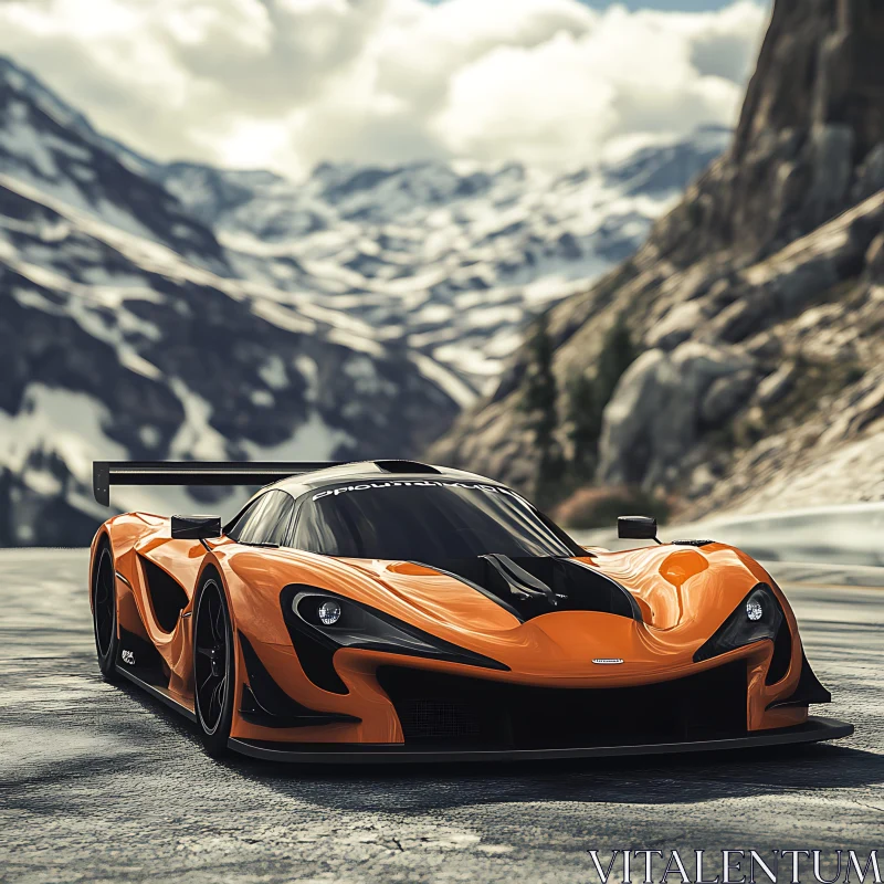 AI ART Orange Supercar Highlighted Against Snowy Mountains