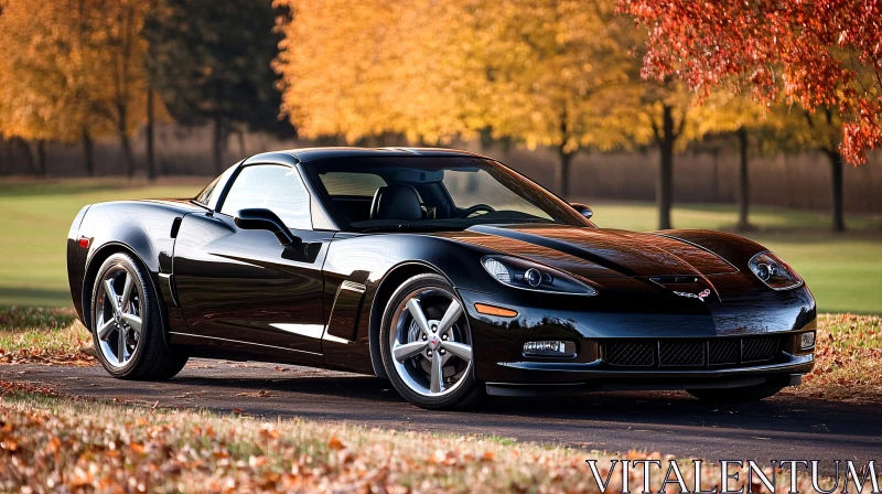 Luxury Black Car in Fall Setting AI Image