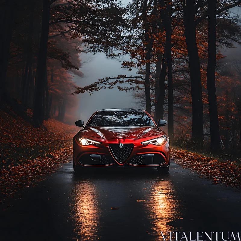 Car on Wet Road in Autumn AI Image