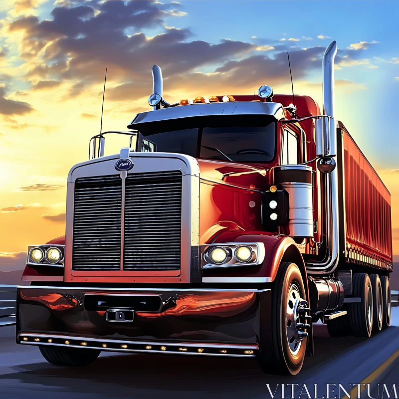 Semi-Truck Against Sunset Backdrop AI Image