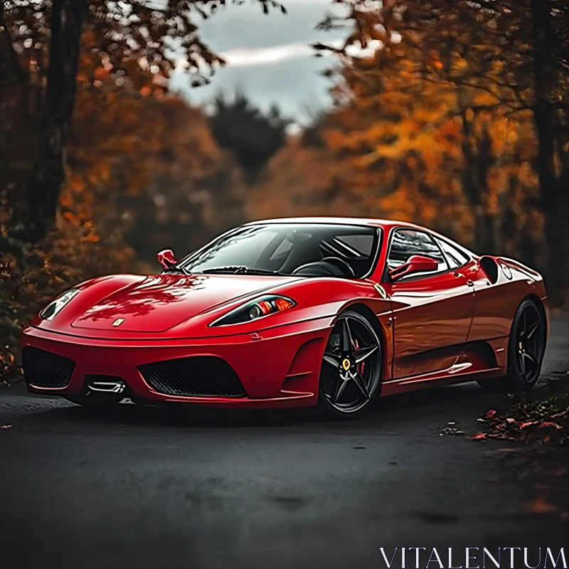 Red Sports Car in Fall AI Image