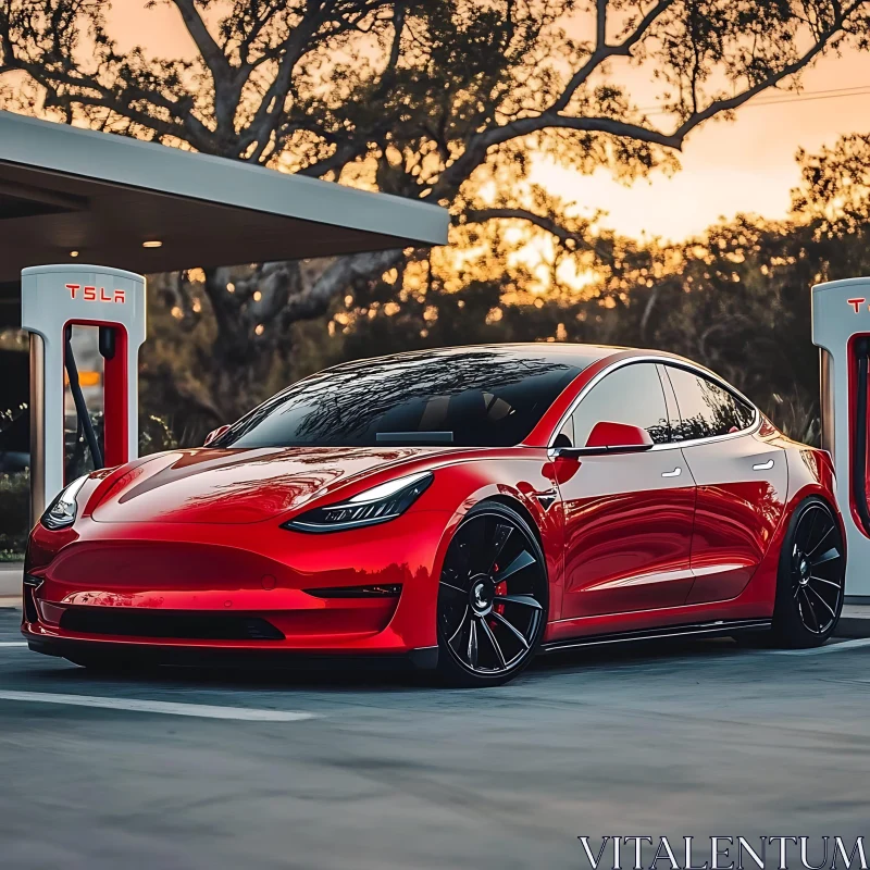 Tesla Model 3 Electric Car Charging at Sunset AI Image