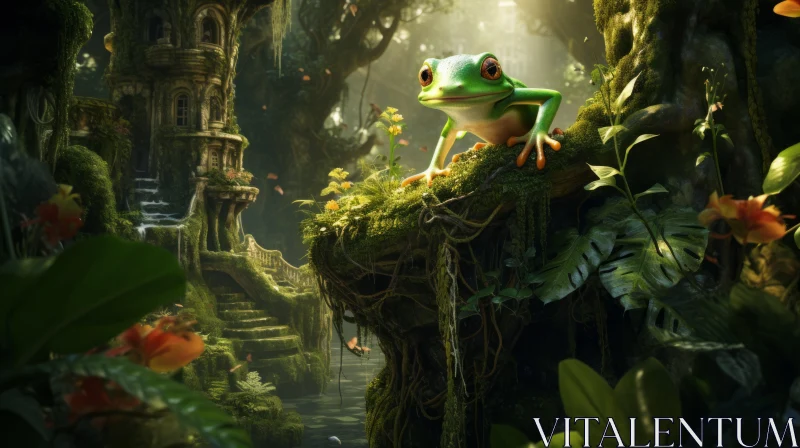 Enchanting Frog in Exotic Jungle - A Blend of Reality and Fantasy AI Image