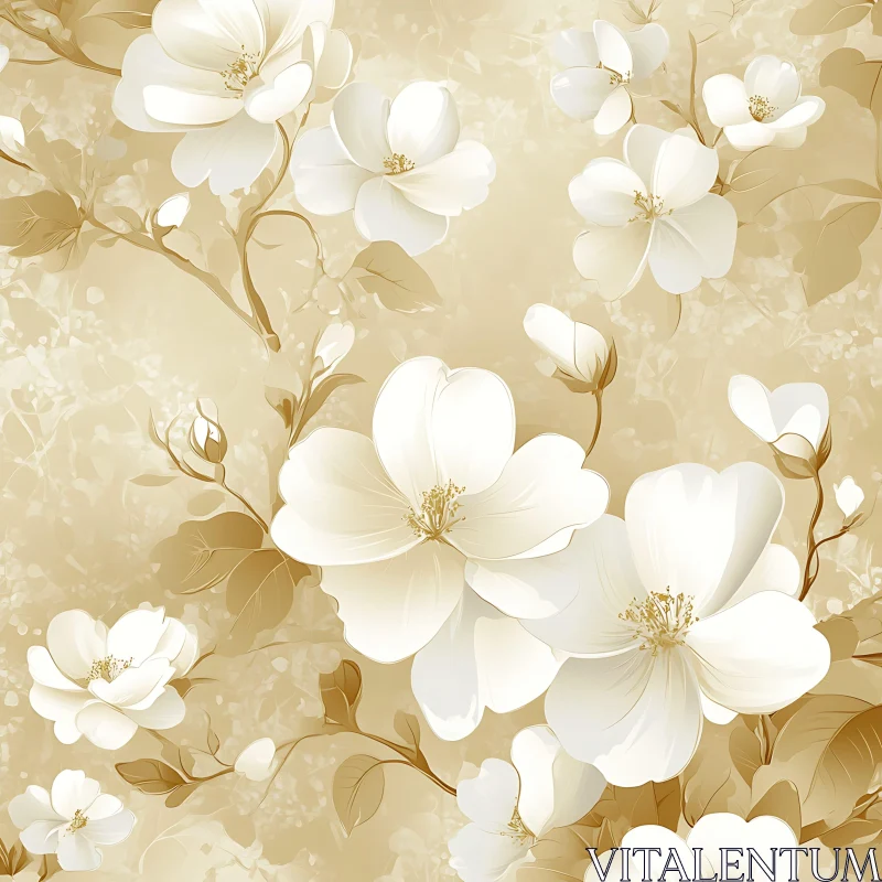 Delicate White Blossoms with Light Brown Leaves AI Image