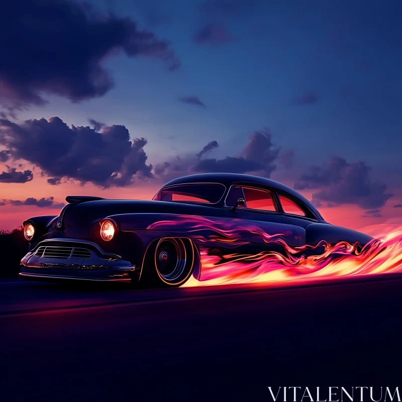 Vintage Car and Flames at Dusk AI Image