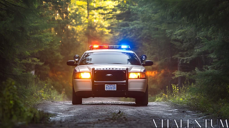 Patrol Car with Flashing Lights in Forest AI Image