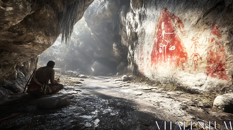 Solitary Figure in Ancient Cave with Red Rock Art AI Image