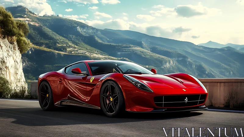 Luxury Red Sports Car with Mountain Backdrop AI Image