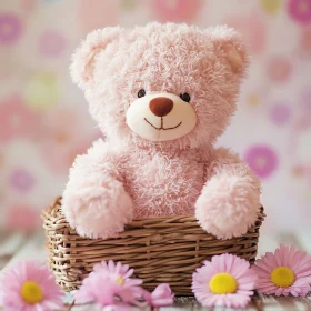 Cute Pink Stuffed Bear Surrounded by Flowers