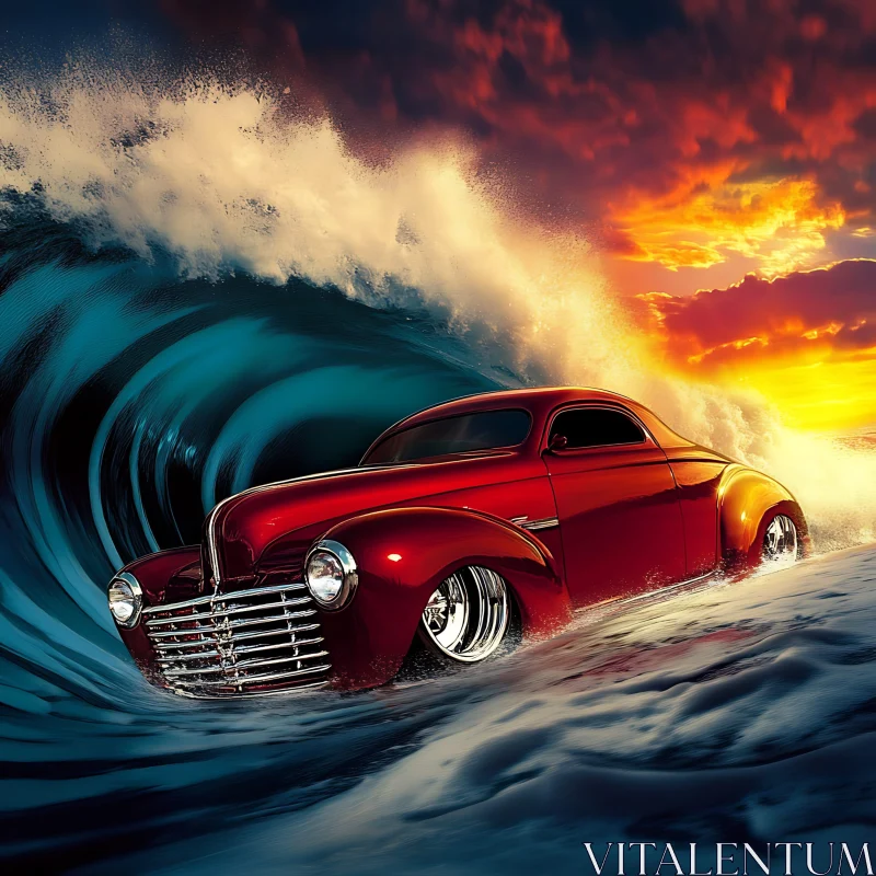 Vintage Red Car in Ocean Waves at Sunset AI Image