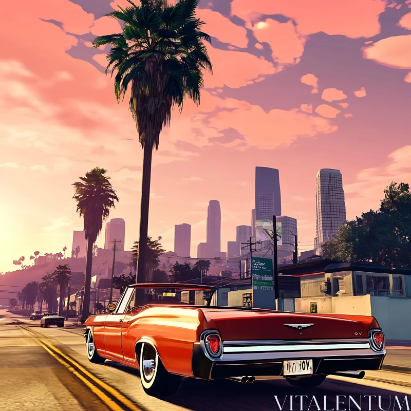 Classic Car and City Skyline at Sunset AI Image