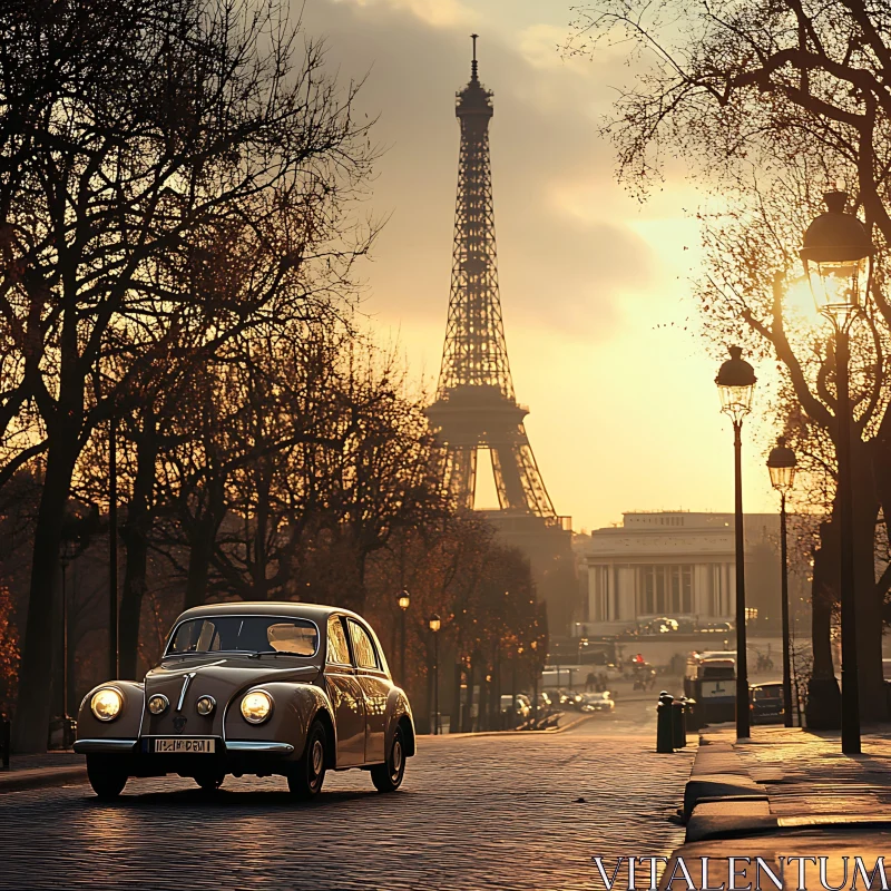 Classic Car at Sunset in Paris AI Image