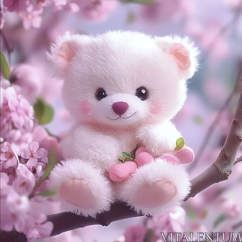 AI ART Cute Stuffed Teddy Bear with Pink Flowers