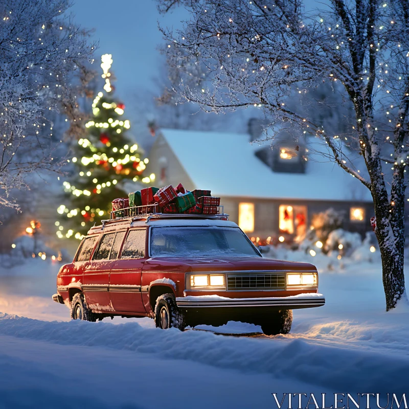 Christmas Car in Snowy Scene with Gifts and Lights AI Image