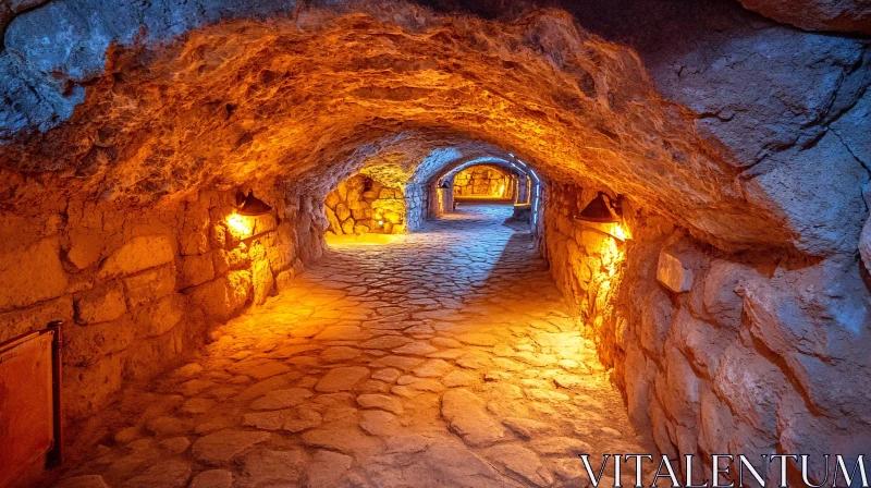 Illuminated Underground Passage with Stone Walls AI Image