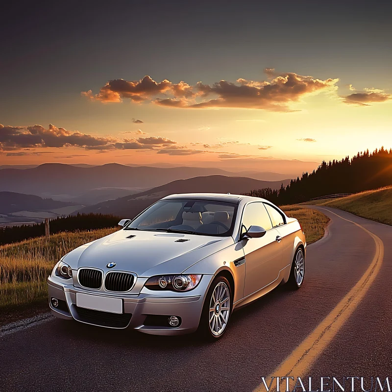 Elegant Car at Sunset in Mountainous Landscape AI Image