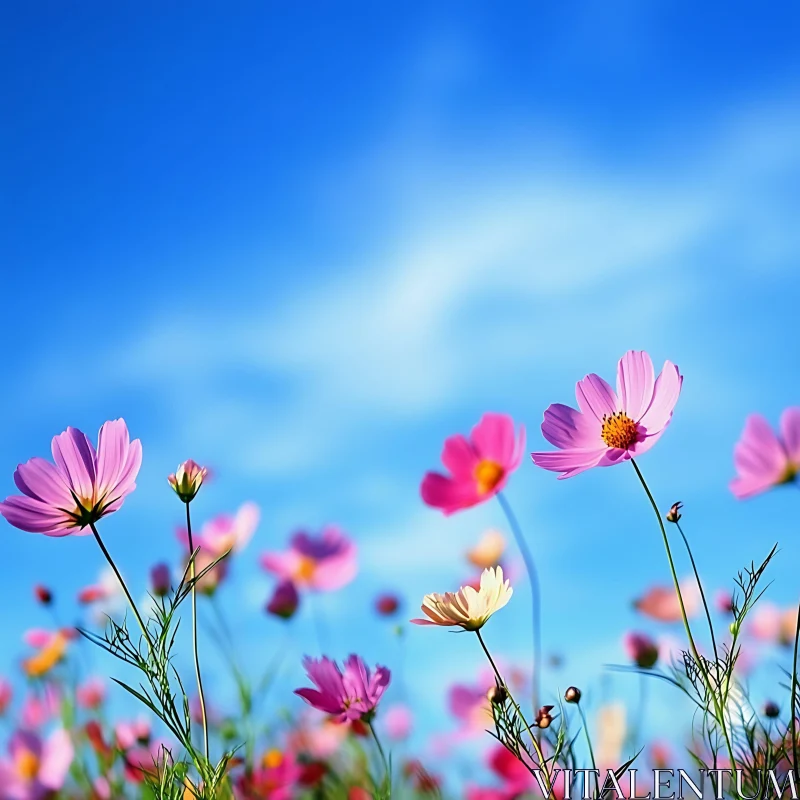 Colorful Cosmos Flower Field Under Blue Sky AI Image