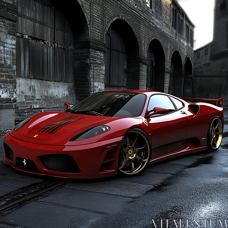 Luxury Red Sports Car with Golden Rims AI Image