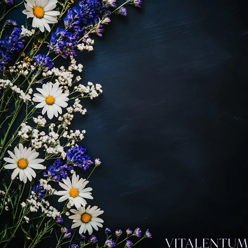 AI ART Floral Composition with Daisies and Blue Blooms