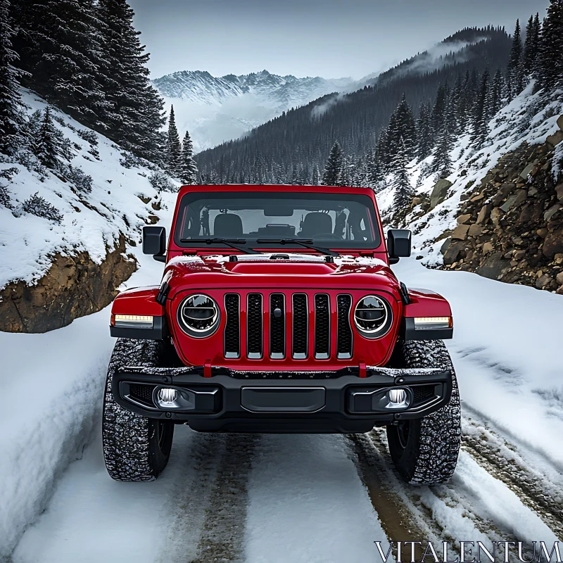 Jeep SUV Driving Through Snow-Covered Mountains AI Image