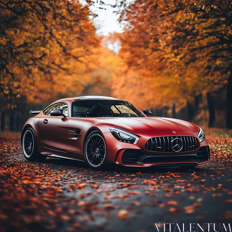 Elegant Red Car Amidst Colorful Fall Leaves AI Image