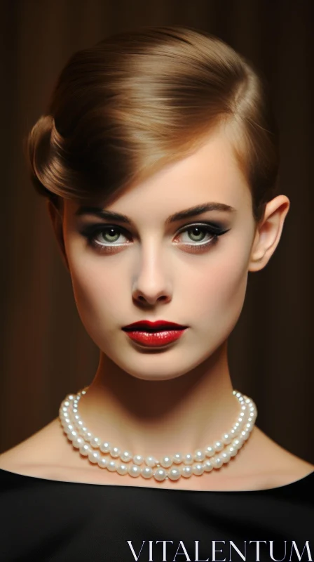 Captivating Retro Portrait: Woman with Pearl Necklace AI Image