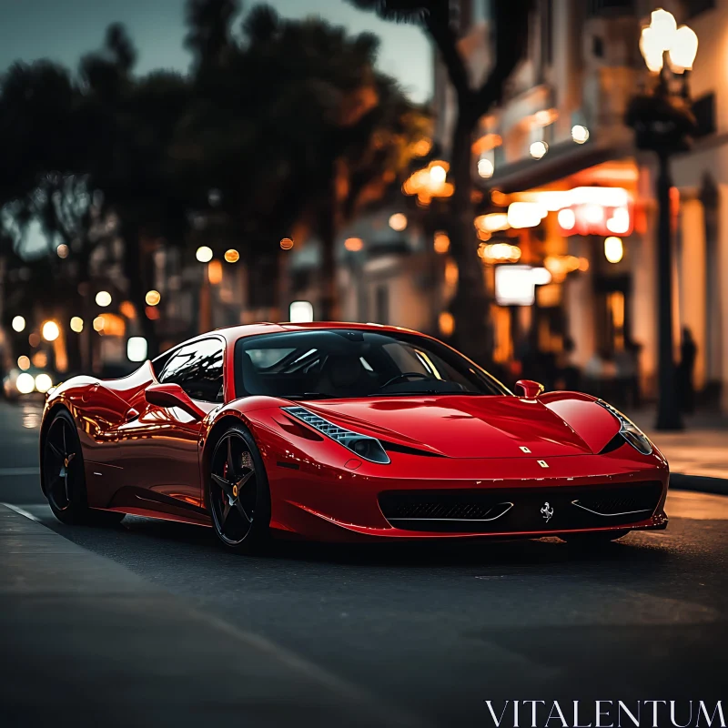 Luxury Red Sports Car in Urban Night Scene AI Image