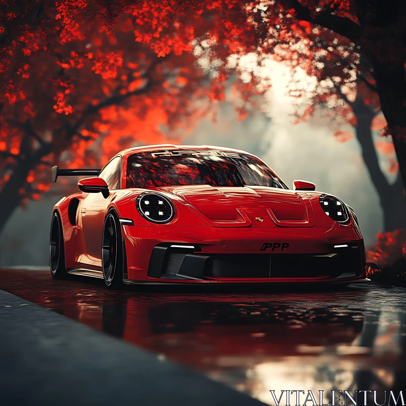 Autumn Road and Sleek Red Car AI Image