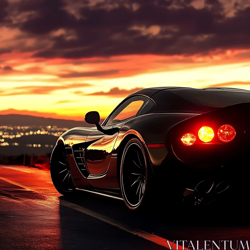 Black Sports Car Overlooking City at Sunset AI Image