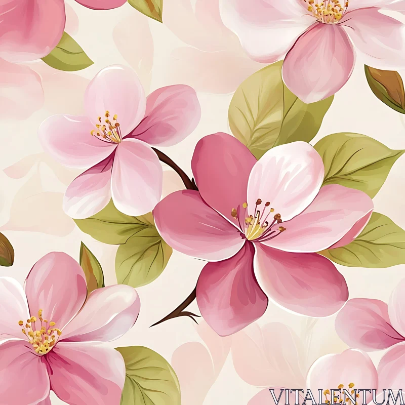 Pink Floral Art with Green Leaves AI Image