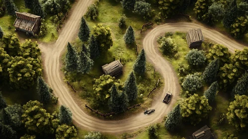 Forest Aerial View with Dirt Road and Cabins