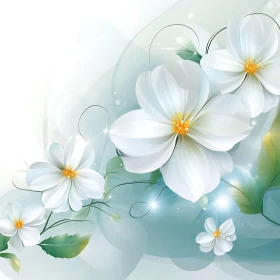 Delicate White Floral Illustration with Green Leaves