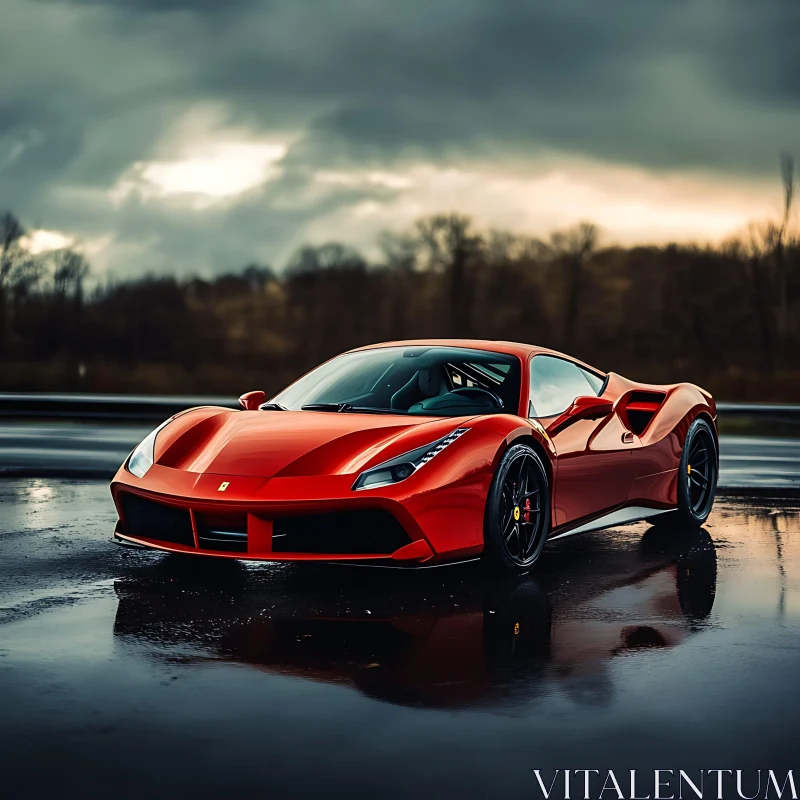 Luxury Red Supercar Against a Dramatic Sky AI Image