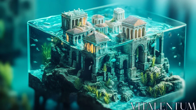 Ancient City Model Submerged in Aquarium AI Image