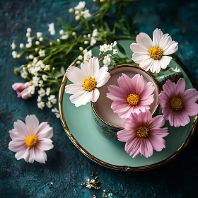 Delicate Pink and White Flowers in Teacup